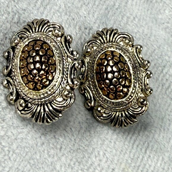 Vintage Ornate Silver & Gold-Tone Clip-On Earrings Women Classic Textured Design - Picture 6 of 16